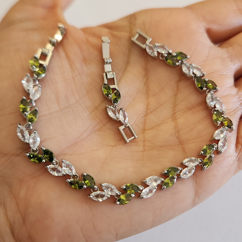 New 925 Silver Marquise Cut Peridot Diamond Bracelet With Extender